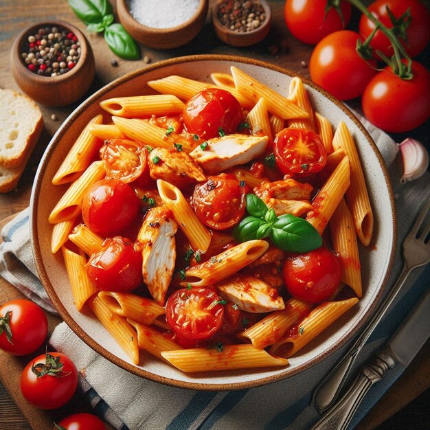 Foto eine schüssel pasta mit tomaten, tomaten und basilikum