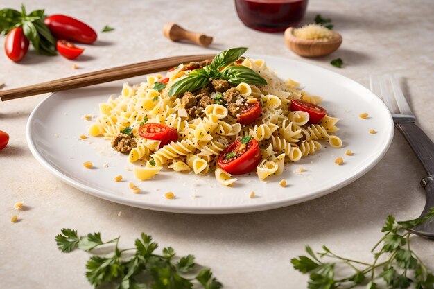 eine Schüssel Pasta mit Tomaten und Petersilie.