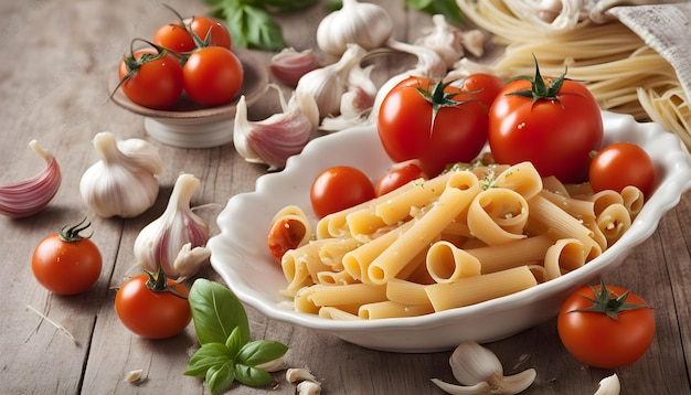 eine Schüssel Pasta mit Tomaten und Zwiebeln auf einem Holztisch