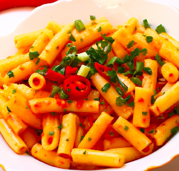 Eine Schüssel Penne-Nudeln mit Frühlingszwiebeln und Paprika.