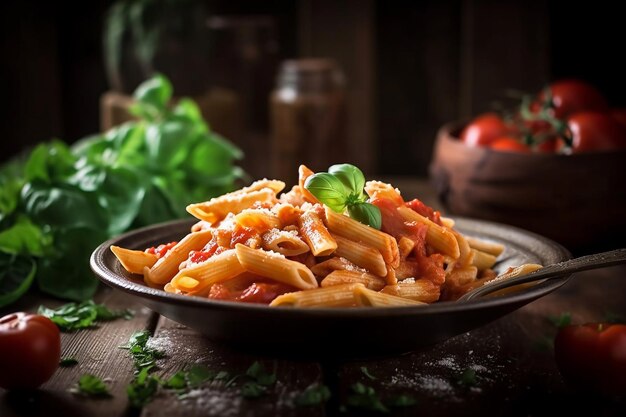 Eine Schüssel Penne-Nudeln mit Tomatensauce und Basilikum auf einem Holztisch.