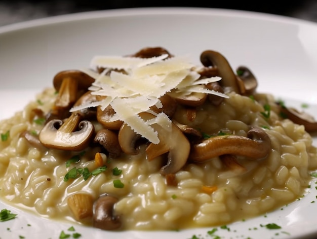 Eine Schüssel Pilzrisotto mit Parmesankäse darüber.