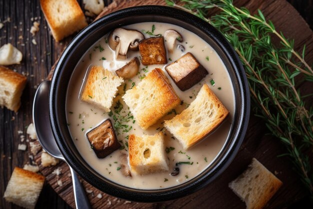 Eine Schüssel Pilzsuppe mit Brot als Beilage