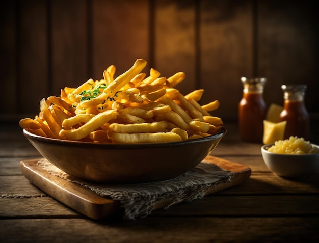 Eine Schüssel Pommes Frites mit einer Beilage Käse auf einem Tisch