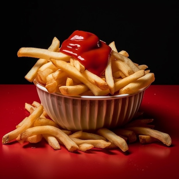 Eine Schüssel Pommes Frites mit Ketchup obendrauf