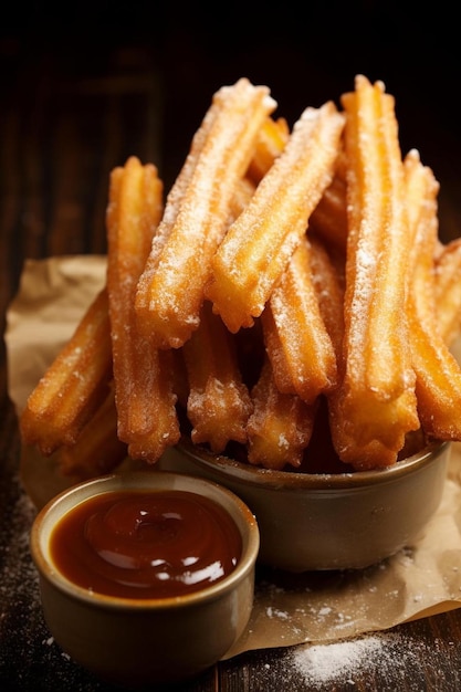 eine Schüssel Pommes frites mit Ketchup und Ketchup.