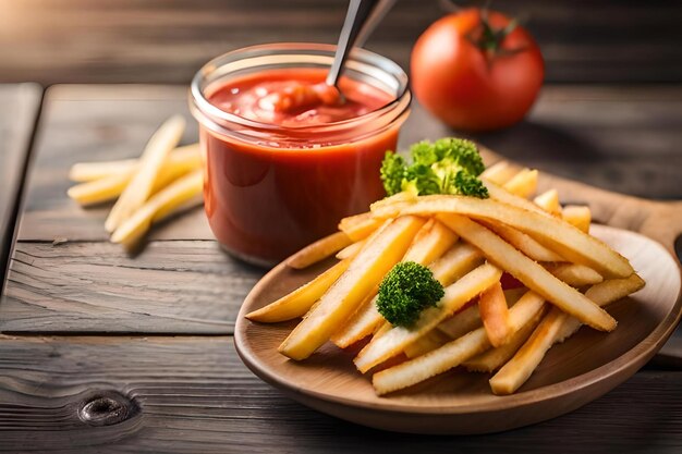 Foto eine schüssel pommes frites mit tomatensauce und pommes frites