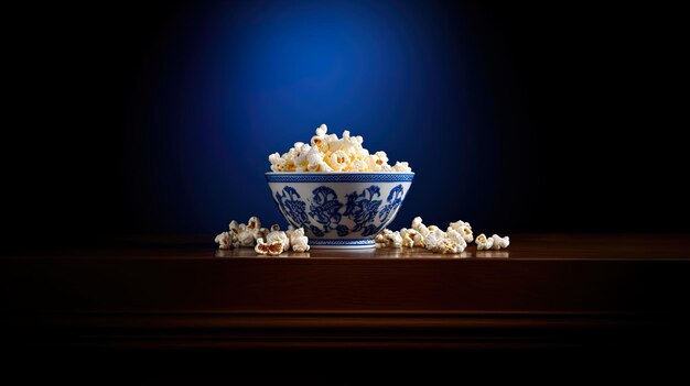 eine Schüssel Popcorn auf einem Tisch mit blauem Hintergrund