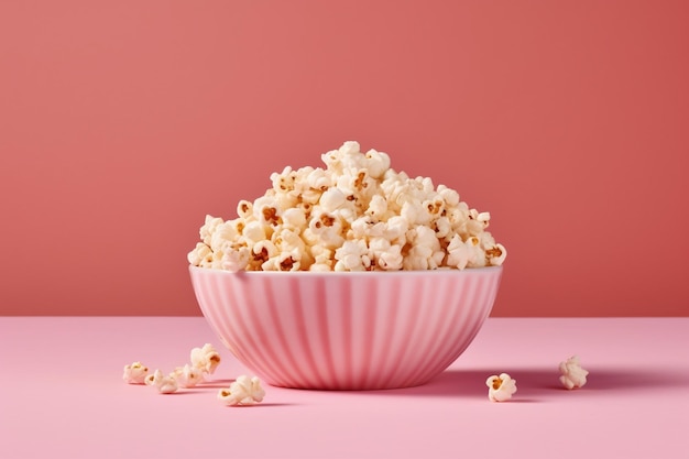 Foto eine schüssel popcorn auf rosa hintergrund mit rosa hintergrund
