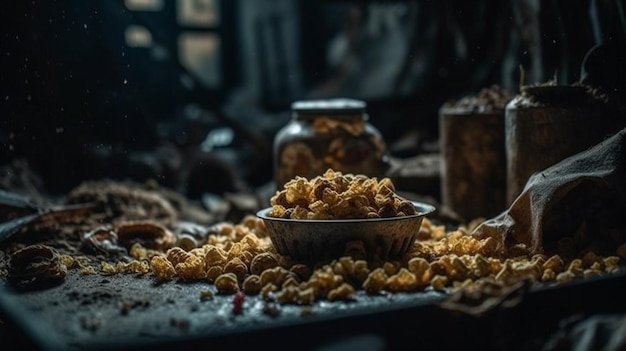 Eine Schüssel Popcorn mit einer Schüssel Nüssen auf dem Tisch