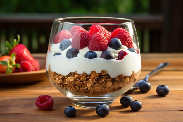 Eine Schüssel proteinreiches veganes Joghurtparfait mit Müsli