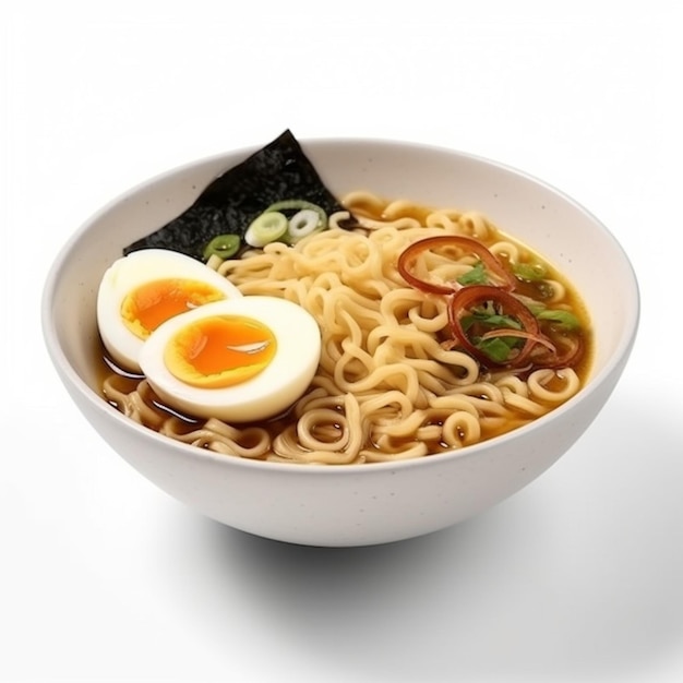 Eine Schüssel Ramen mit Ei und Frühlingszwiebeln.