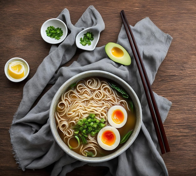 Eine Schüssel Ramen mit einem Ei darauf.