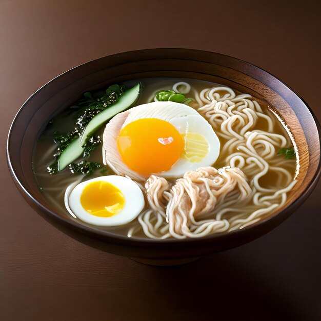 Eine Schüssel Ramen mit einem hartgekochten Ei und Avocado