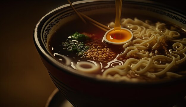 Eine Schüssel Ramen mit einem kleinen Ei in der Mitte