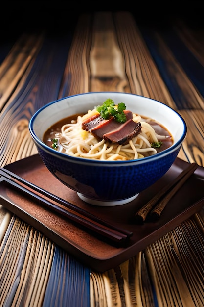 Eine Schüssel Ramen mit einem Stück Fleisch darauf