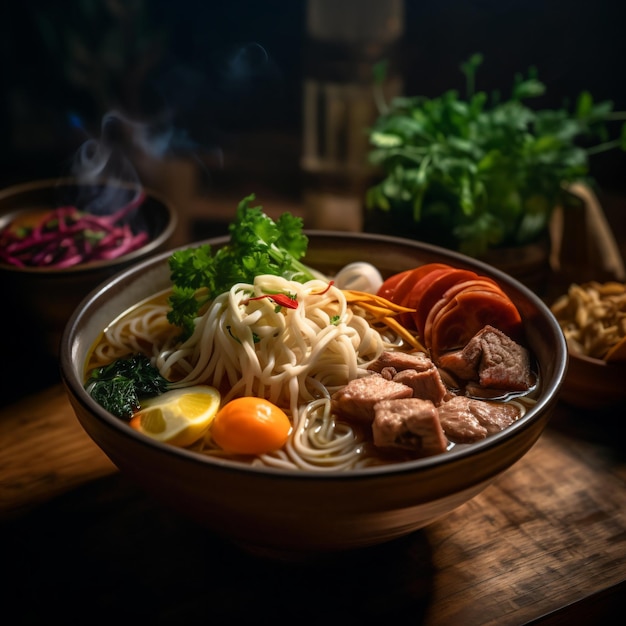 Eine Schüssel Ramen mit Fleisch, Nudeln und Gemüse.