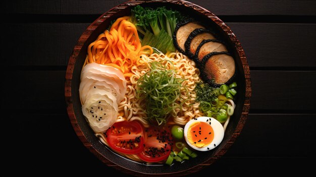 Eine Schüssel Ramen mit Spiegelei und Gemüse.