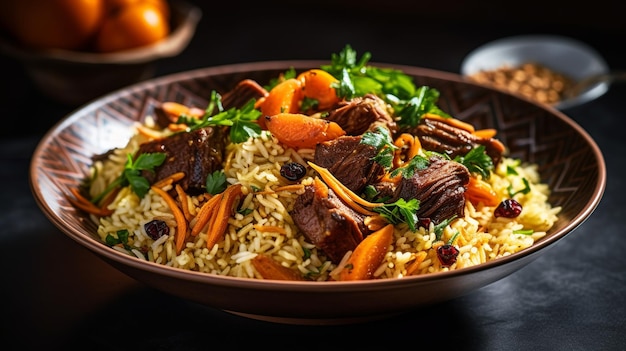 Eine Schüssel Reis mit Rindfleisch und Karotten