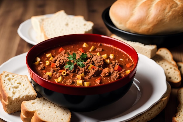 Eine Schüssel Rindereintopf mit Brot als Beilage.