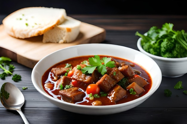 Eine Schüssel Rindereintopf mit einer Schüssel Suppe auf einem Holztisch.