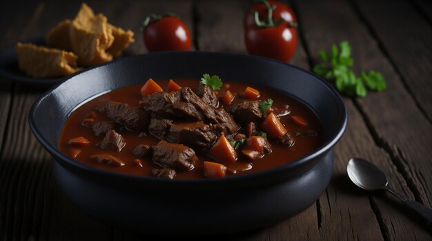 Eine Schüssel Rindereintopf mit Tomaten und Petersilie als Beilage