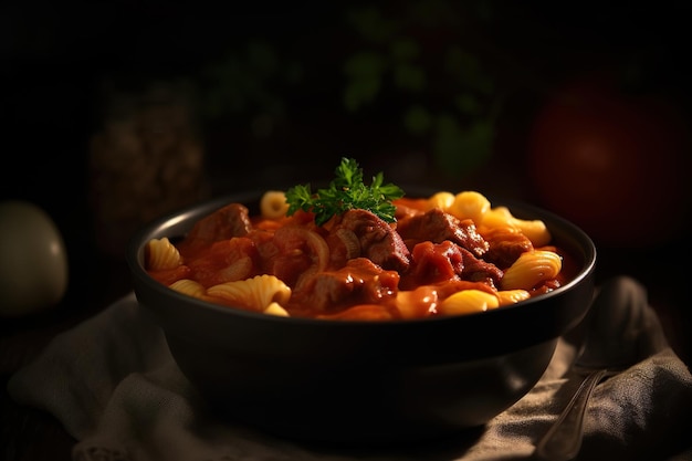Eine Schüssel Rindfleisch und Nudeln mit Tomatensauce auf dunklem Hintergrund