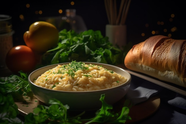 Eine Schüssel Risotto mit einem Laib Brot an der Seite.