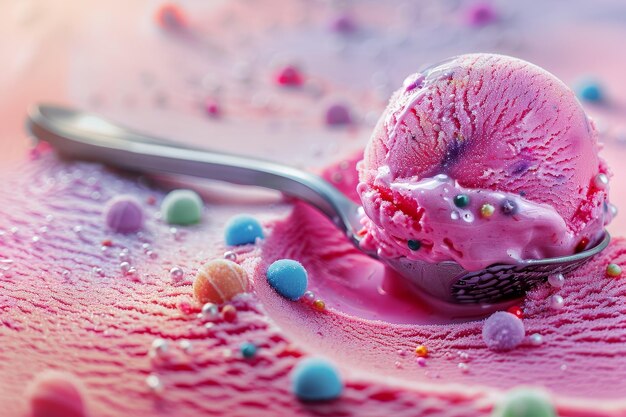 Eine Schüssel rosa Eiscreme mit Sprinkles oben