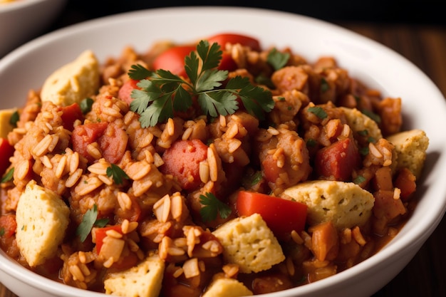 Eine Schüssel roter Reis mit Tomaten und Reis