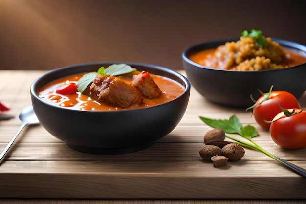 Eine Schüssel rotes Curry mit etwas Gemüse auf einem Holztisch.