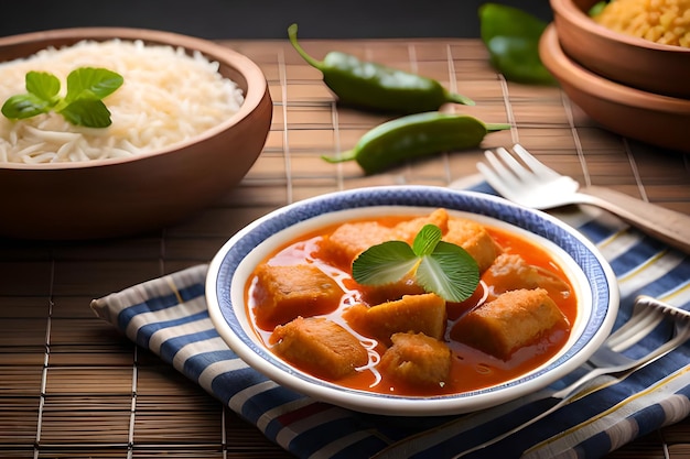 Eine Schüssel rotes Curry mit Reis und grünen Blättern auf einem Tisch.