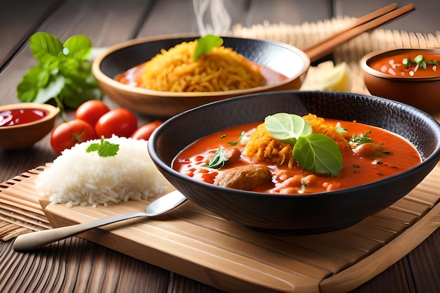 Eine Schüssel rotes Curry mit Reis und Tomaten auf einem Holztisch.