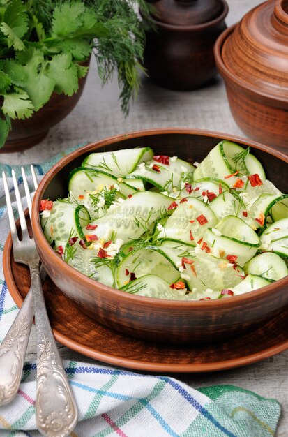 Eine Schüssel Salat aus Gurkenstreifen mit Gewürzen Knoblauch und Dill Rustikale Art