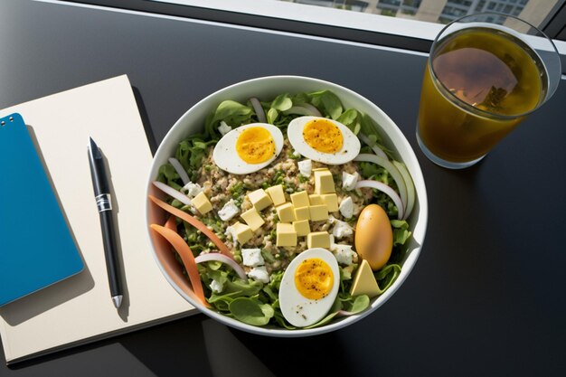 Eine Schüssel Salat mit Ei, Käse und Tomaten.