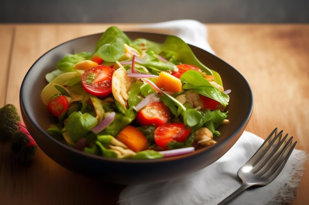 Eine Schüssel Salat mit einer Gabel auf einem Holztisch.