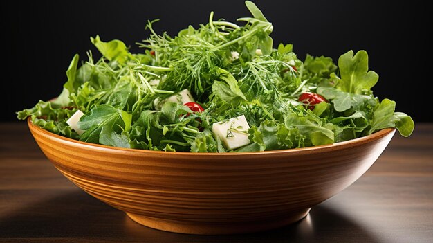 Foto eine schüssel salat mit einer holzschüssel salat