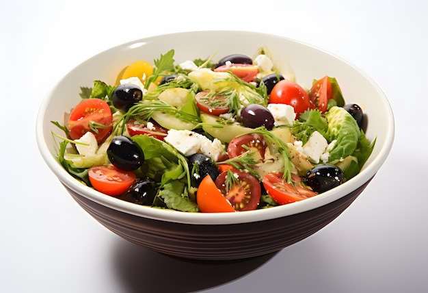 eine Schüssel Salat mit einer schwarzen Olive und Tomaten