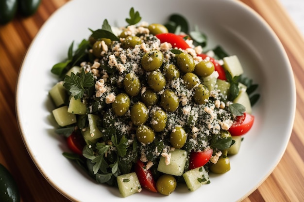 Eine Schüssel Salat mit grünen Oliven und Tomaten.