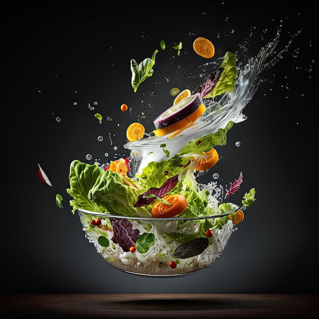 Eine Schüssel Salat mit herunterfallendem Obst und Gemüse