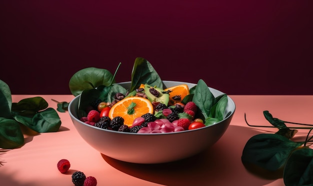 Eine Schüssel Salat mit Obst auf einem Tisch