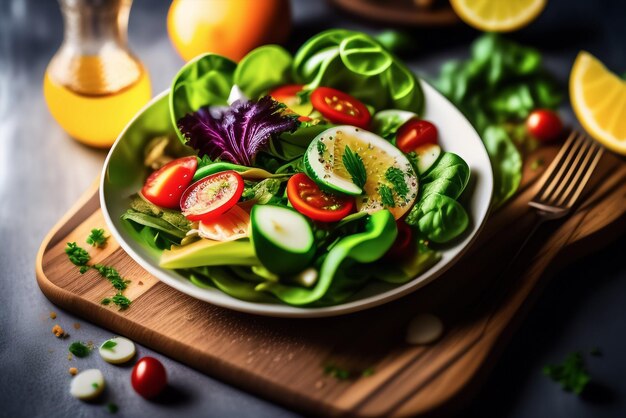 Eine Schüssel Salat mit Tomaten, Gurken und Tomaten.