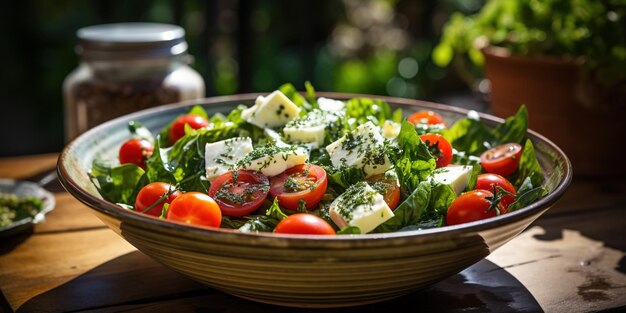 Eine Schüssel Salat mit Tomaten, Spinat und Käse