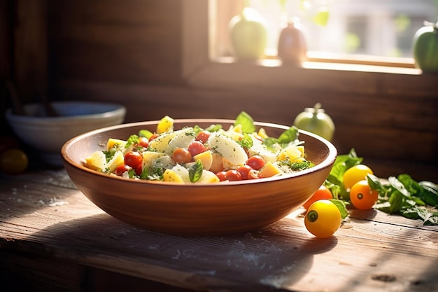 Eine Schüssel Salat mit Tomaten und Zitronen auf einem Tisch.