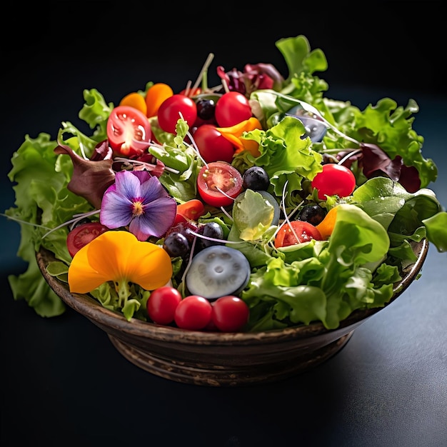 Eine Schüssel Salat mit verschiedenen Obst- und Gemüsesorten.