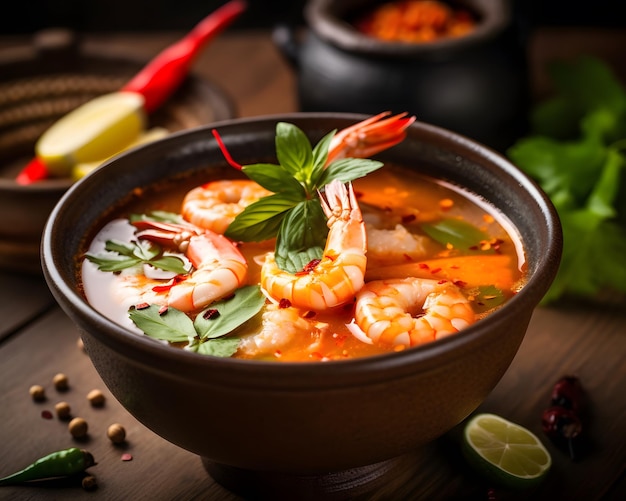 Eine Schüssel scharf-saure Tom-Yum-Suppe mit Garnelen und Zitronengras Generative AI