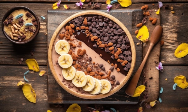 Eine Schüssel Schokoladen-Bananen-Smoothie mit Schokoladenstückchen und Schokoladenstückchen.