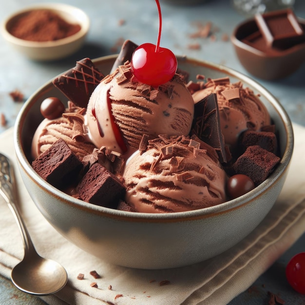 Eine Schüssel Schokoladen-Eiscreme mit Brownie-Stücken