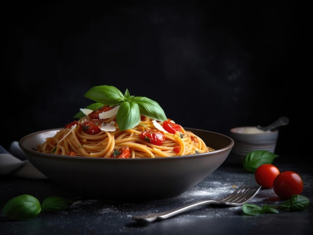 Eine Schüssel Spaghetti mit Basilikumblättern auf einem Tisch.