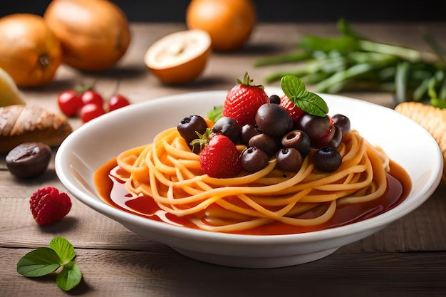 Eine Schüssel Spaghetti mit Beeren obendrauf